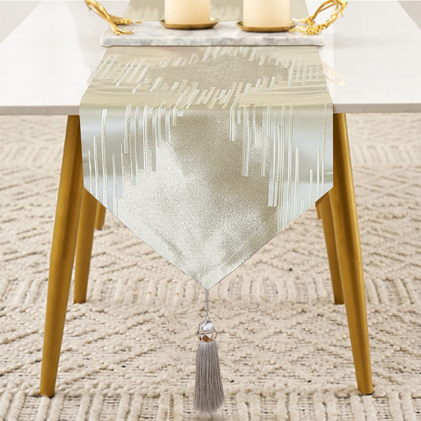 Glam Champagne Table Runner 13 x 98 Inches Long Double Layer Abstract Pattern with Luxury Tassel for Coffee Sofa Dresser Dining Table Fireplace Home Decor - 7DAY'S