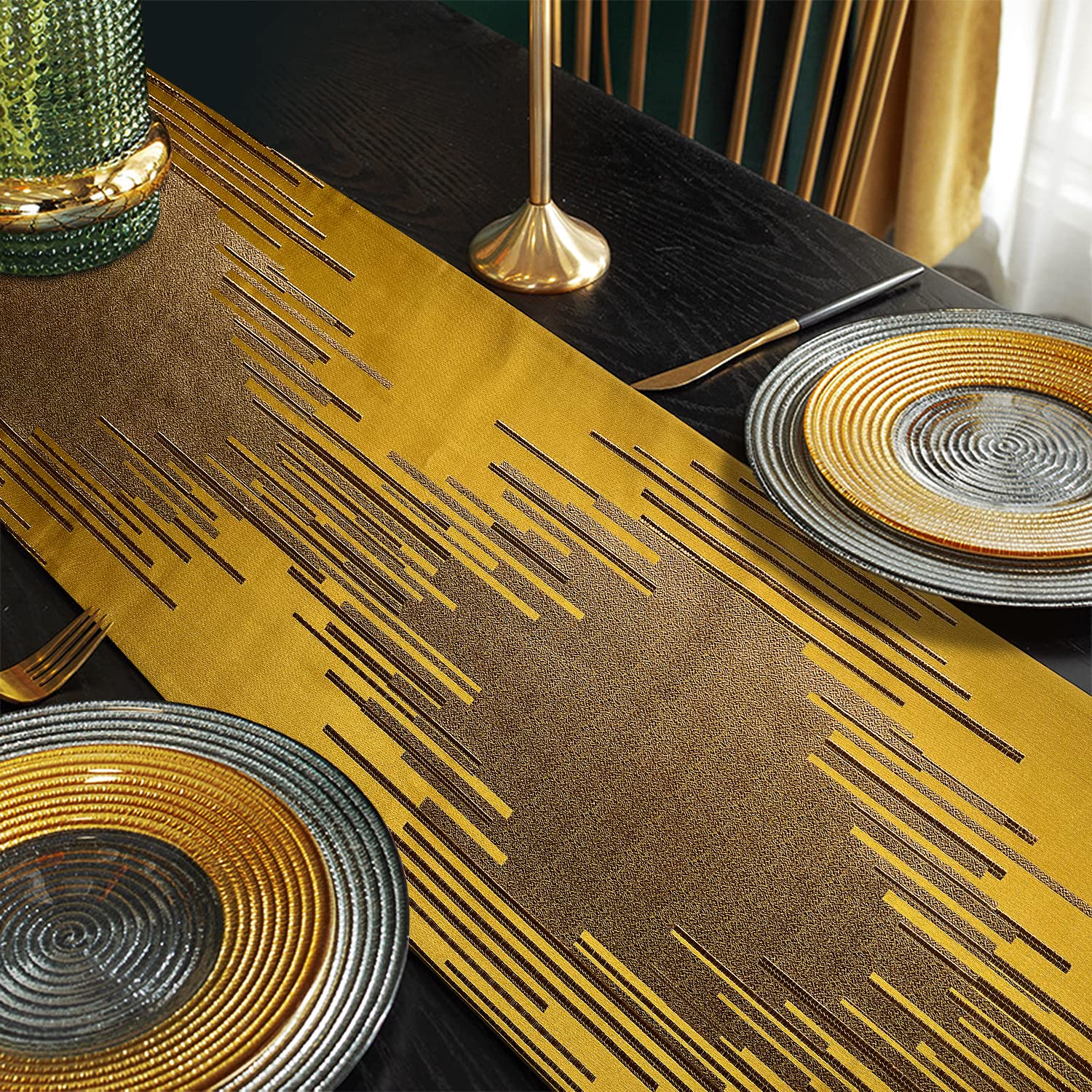 Glam Champagne Table Runner 13 x 98 Inches Long Double Layer Abstract Pattern with Luxury Tassel for Coffee Sofa Dresser Dining Table Fireplace Home Decor - 7DAY'S