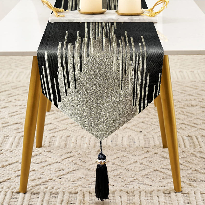 Glam Champagne Table Runner 13 x 98 Inches Long Double Layer Abstract Pattern with Luxury Tassel for Coffee Sofa Dresser Dining Table Fireplace Home Decor - 7DAY'S