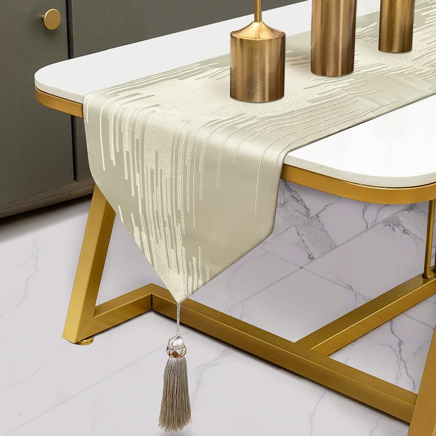 Glam Champagne Table Runner 13 x 98 Inches Long Double Layer Abstract Pattern with Luxury Tassel for Coffee Sofa Dresser Dining Table Fireplace Home Decor - 7DAY'S