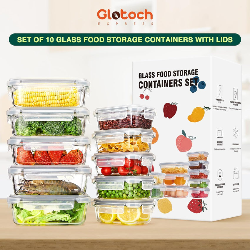 Glotoch 10 Pack Glass Food Storage Containers with Lids Reusable, Ultra Thick Borosilicate Glass Containers for Meal Prep/Lunch, Dishwasher/Microwave/Oven/Freezer Safe, Grey - 7DAY'S