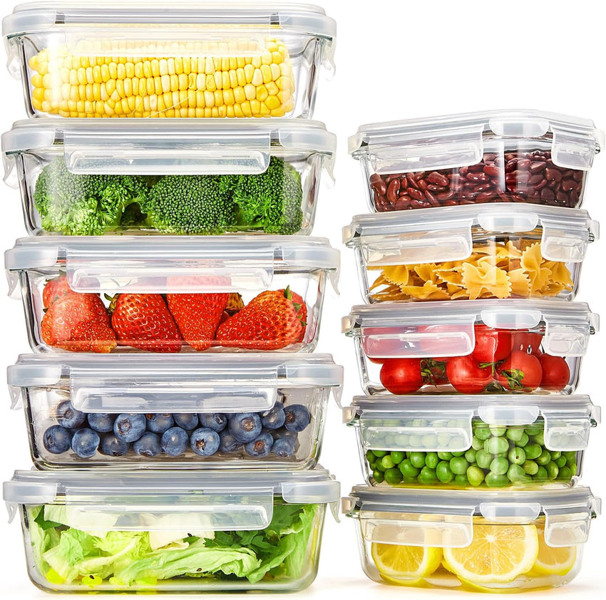 Glotoch 10 Pack Glass Food Storage Containers with Lids Reusable, Ultra Thick Borosilicate Glass Containers for Meal Prep/Lunch, Dishwasher/Microwave/Oven/Freezer Safe, Grey - 7DAY'S