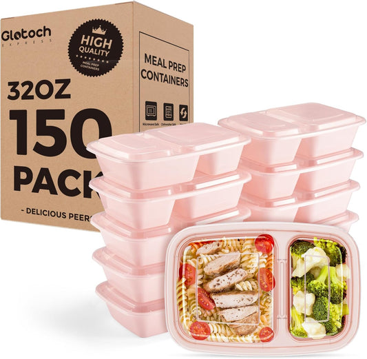 Glotoch 150 Pack Pink Meal Prep Containers 32OZ 2 Compartments to Go Containers for Food,Plastic Food Containers with Lids for Microwave Dishwasher Freezer Safe - 7DAY'S