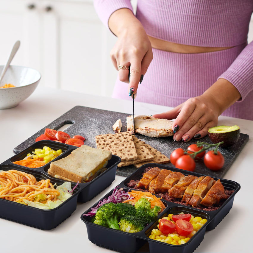 Glotoch 50 Pack (100 - Piece) 34oz Meal Prep Containers Reusable with Lids 3 - Compartment Containers Microwave, Freezer, Dishwasher Safe - Leakproof Durable To Go Take Out Plastic Food Storage - 7DAY'S