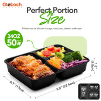 Glotoch 50 Pack (100 - Piece) 34oz Meal Prep Containers Reusable with Lids 3 - Compartment Containers Microwave, Freezer, Dishwasher Safe - Leakproof Durable To Go Take Out Plastic Food Storage - 7DAY'S