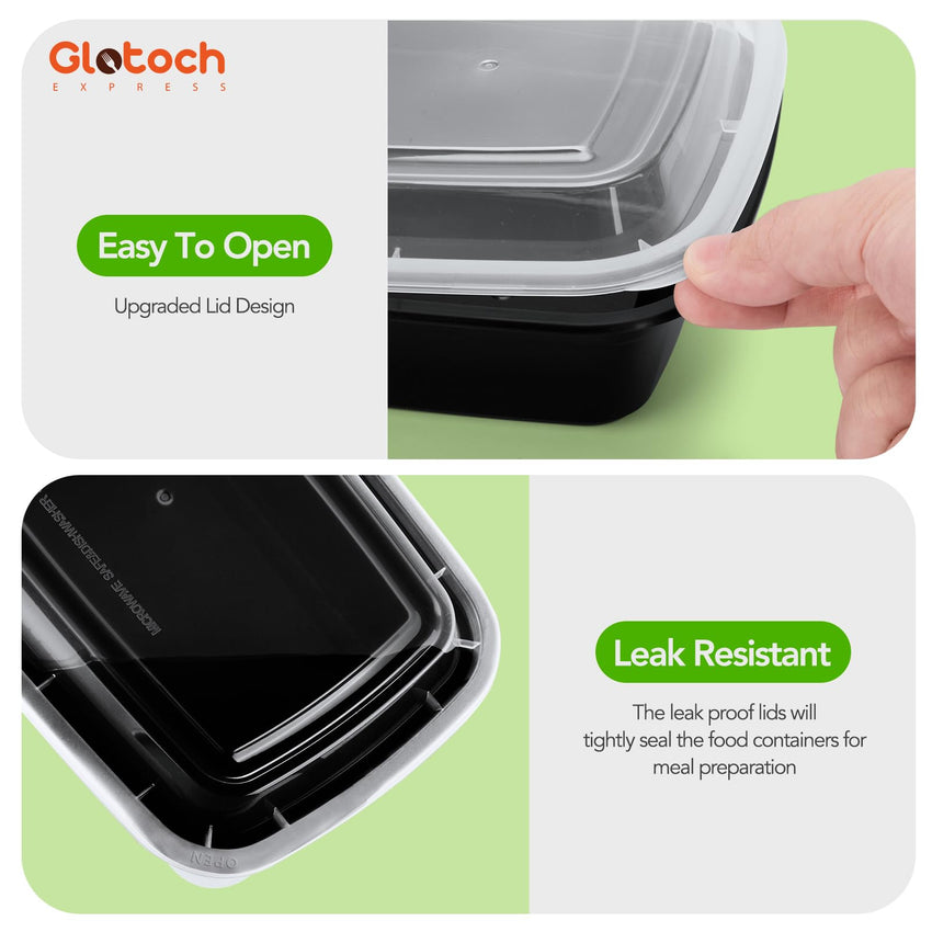 Glotoch 50 Pack (100 - Piece) 34oz Meal Prep Containers Reusable with Lids 3 - Compartment Containers Microwave, Freezer, Dishwasher Safe - Leakproof Durable To Go Take Out Plastic Food Storage - 7DAY'S