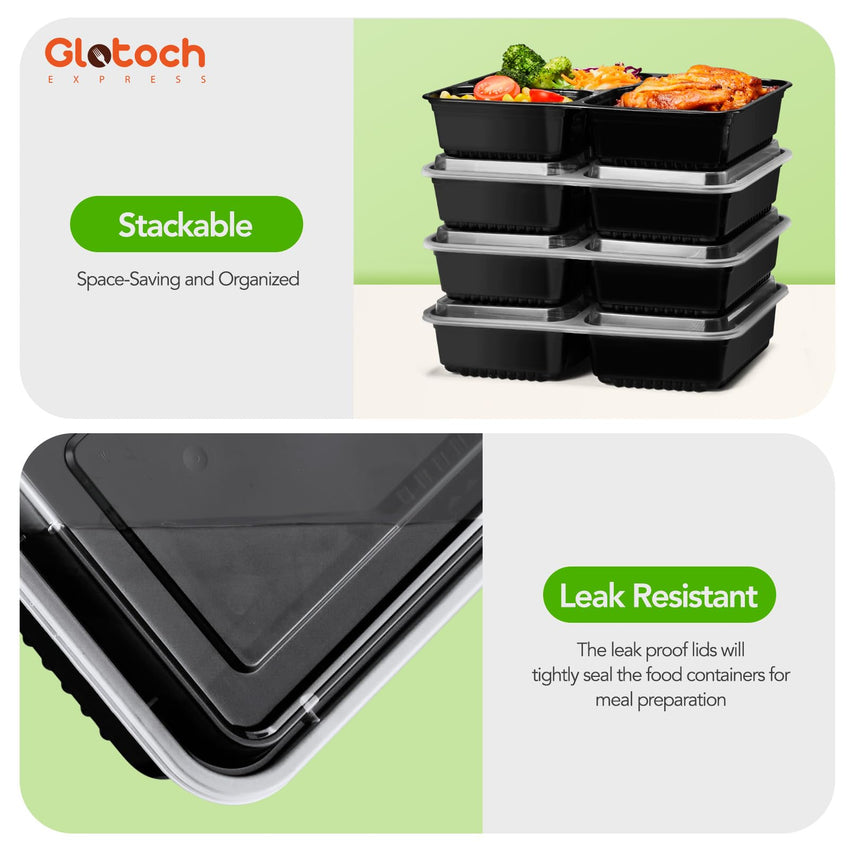 Glotoch 50 Pack (100 - Piece) 34oz Meal Prep Containers Reusable with Lids 3 - Compartment Containers Microwave, Freezer, Dishwasher Safe - Leakproof Durable To Go Take Out Plastic Food Storage - 7DAY'S
