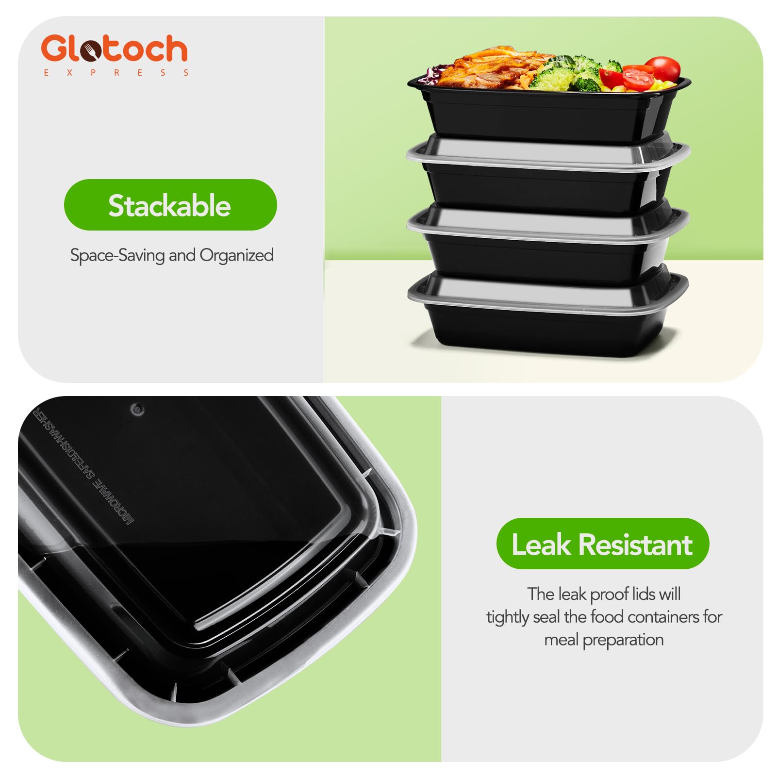 Glotoch 50 Pack (100 - Piece) 34oz Meal Prep Containers Reusable with Lids 3 - Compartment Containers Microwave, Freezer, Dishwasher Safe - Leakproof Durable To Go Take Out Plastic Food Storage - 7DAY'S