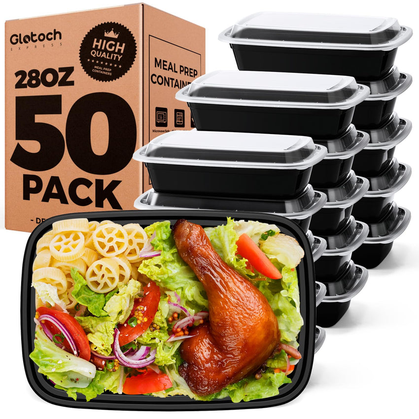 Glotoch 50 Pack (100 - Piece) 34oz Meal Prep Containers Reusable with Lids 3 - Compartment Containers Microwave, Freezer, Dishwasher Safe - Leakproof Durable To Go Take Out Plastic Food Storage - 7DAY'S