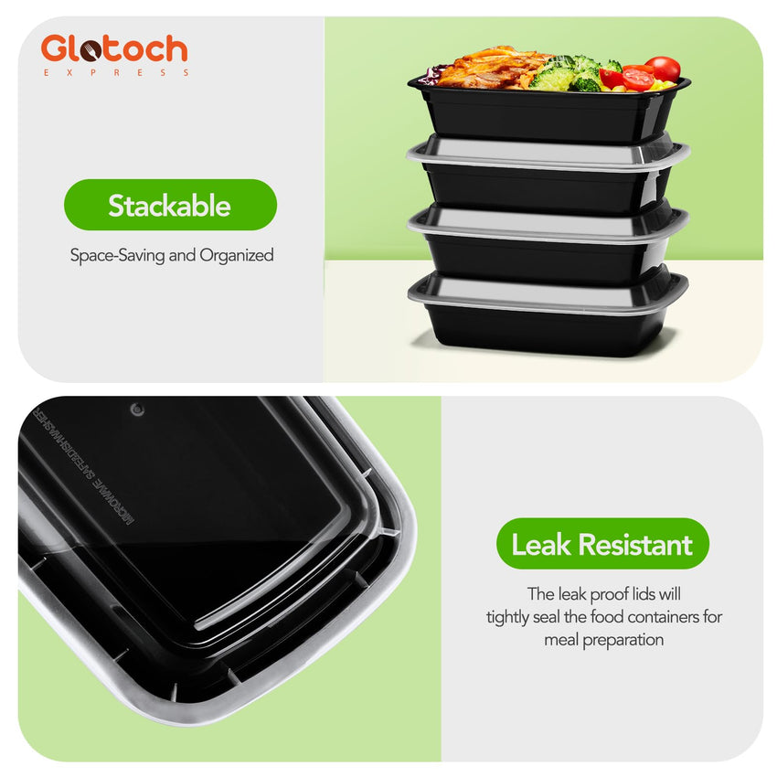 Glotoch 50 Pack (100 - Piece) 34oz Meal Prep Containers Reusable with Lids 3 - Compartment Containers Microwave, Freezer, Dishwasher Safe - Leakproof Durable To Go Take Out Plastic Food Storage - 7DAY'S