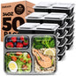 Glotoch 50 Pack (100 - Piece) 34oz Meal Prep Containers Reusable with Lids 3 - Compartment Containers Microwave, Freezer, Dishwasher Safe - Leakproof Durable To Go Take Out Plastic Food Storage - 7DAY'S