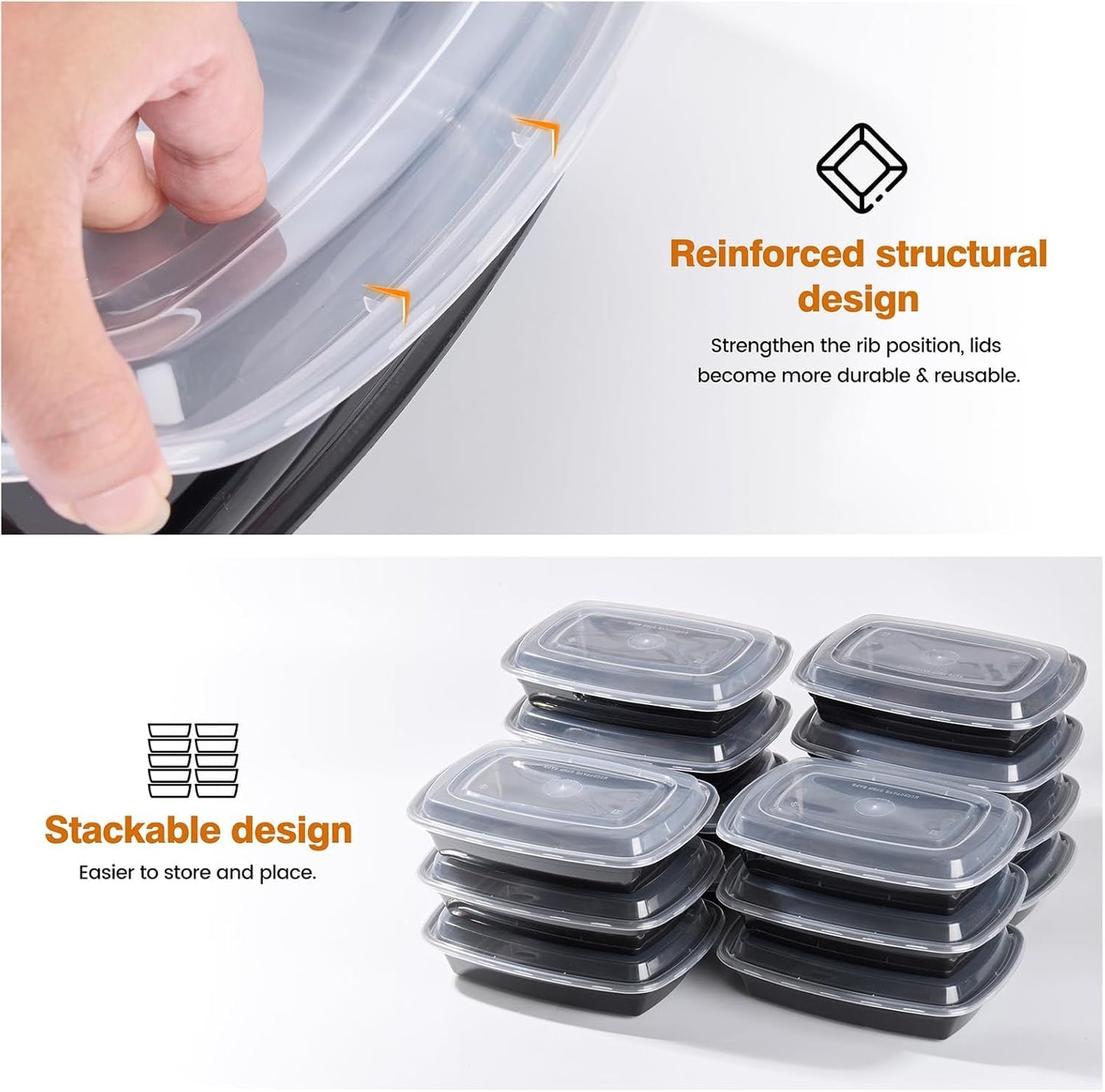 Glotoch 50 Pack 32 oz Meal Prep Containers Reusable, 2 Compartment Food Containers with Lids To Go Containers, Lunch - Microwave,Freezer,Dishwasher Safe - 7DAY'S