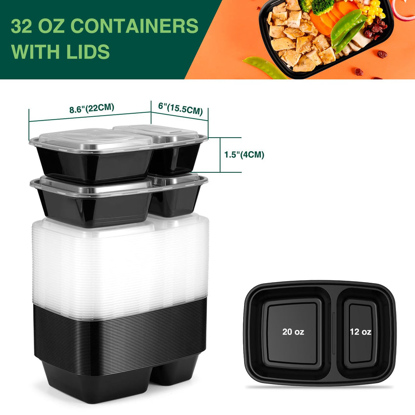 Glotoch 50 Pack 32 oz Meal Prep Containers Reusable, 2 Compartment Food Containers with Lids To Go Containers, Lunch - Microwave,Freezer,Dishwasher Safe - 7DAY'S