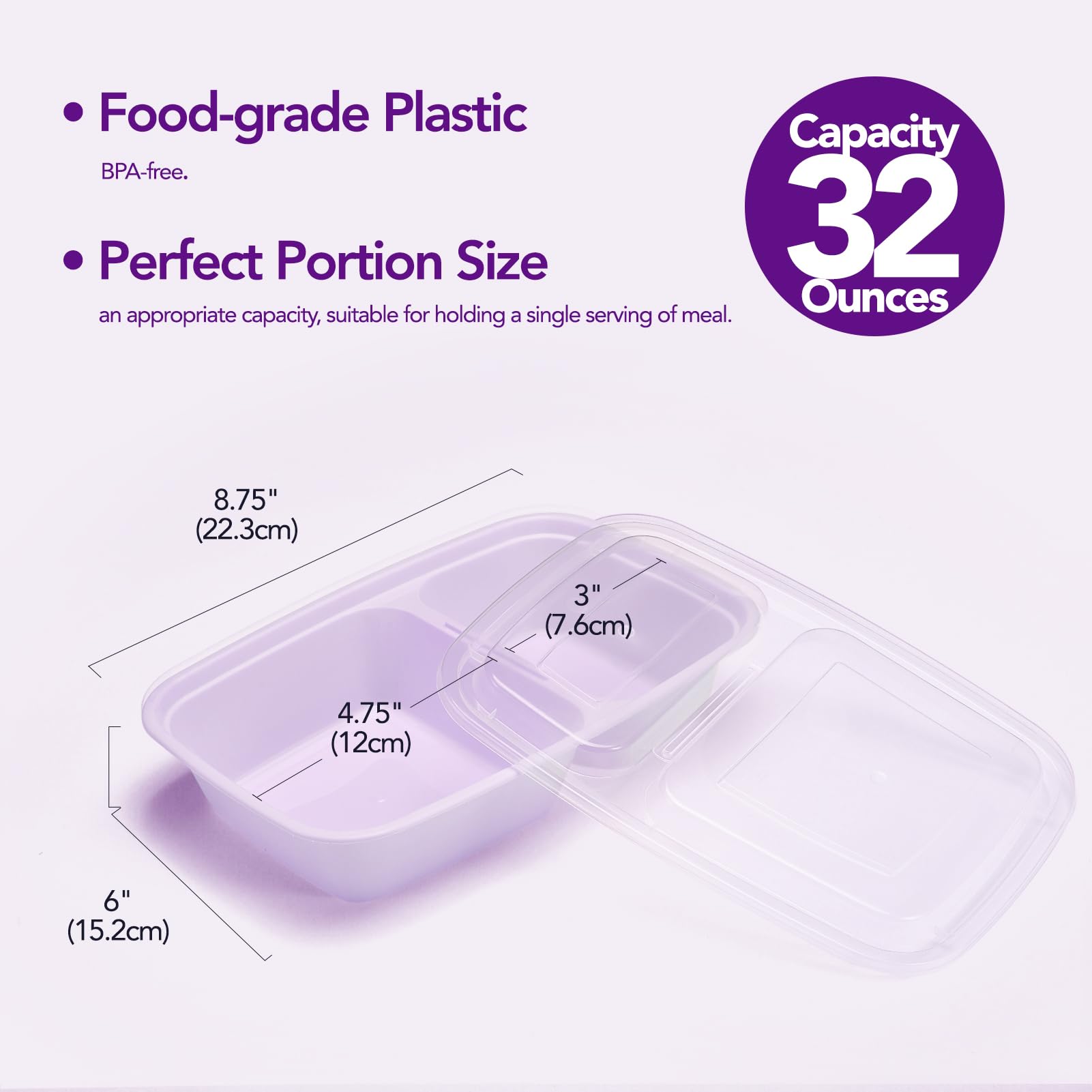 Glotoch 50 Pack 32 oz Meal Prep Containers Reusable, 2 Compartment Food Containers with Lids To Go Containers, Lunch - Microwave,Freezer,Dishwasher Safe - 7DAY'S