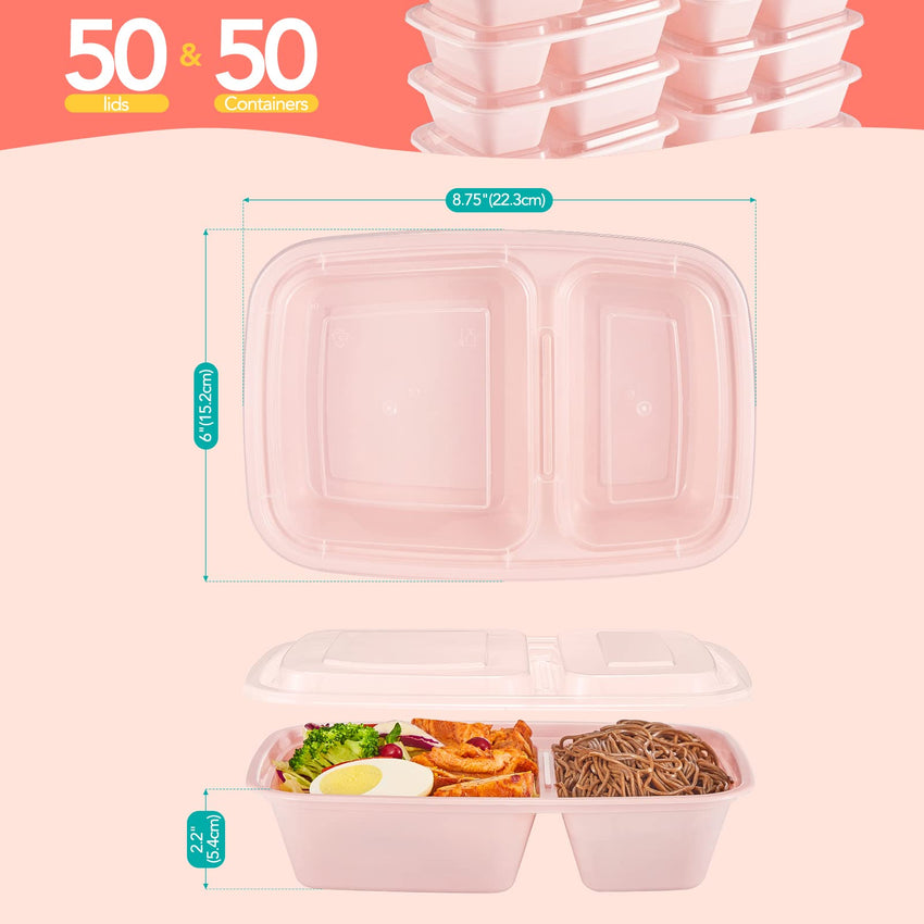 Glotoch 50 Pack 32 oz Meal Prep Containers Reusable, 2 Compartment Food Containers with Lids To Go Containers, Lunch - Microwave,Freezer,Dishwasher Safe - 7DAY'S
