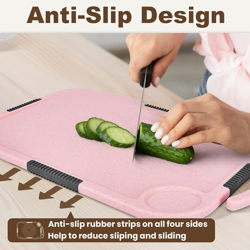Glotoch Cutting Boards for Kitchen Set of 3, Wheat Straw Chopping Board Dishwasher Safe, BPA Free, Non Slip, 16"X10" Colored Reversible Cutting Board with Stand, Food Icons, Grinder Plate - 7DAY'S