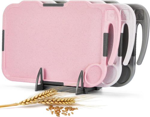 Glotoch Cutting Boards for Kitchen Set of 3, Wheat Straw Chopping Board Dishwasher Safe, BPA Free, Non Slip, 16"X10" Colored Reversible Cutting Board with Stand, Food Icons, Grinder Plate