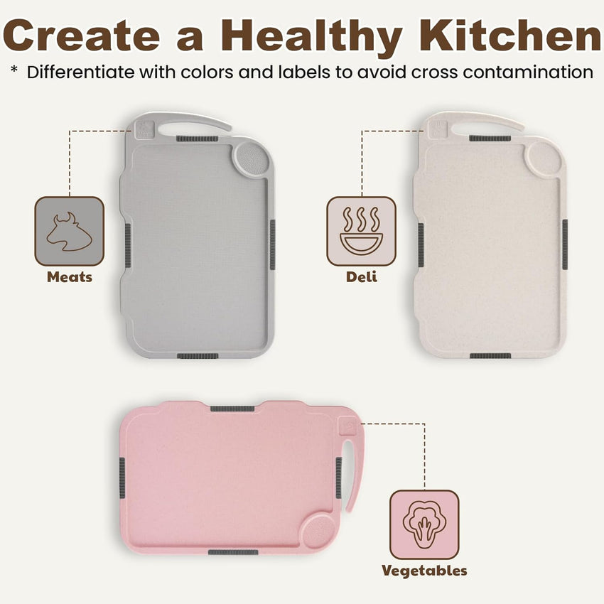 Glotoch Cutting Boards for Kitchen Set of 3, Wheat Straw Chopping Board Dishwasher Safe, BPA Free, Non Slip, 16"X10" Colored Reversible Cutting Board with Stand, Food Icons, Grinder Plate - 7DAY'S