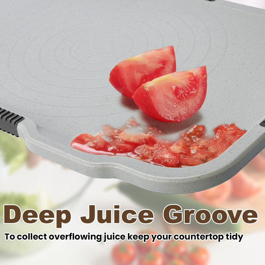 Glotoch Cutting Boards for Kitchen Set of 3, Wheat Straw Chopping Board Dishwasher Safe, BPA Free, Non Slip, 16"X10" Colored Reversible Cutting Board with Stand, Food Icons, Grinder Plate - 7DAY'S