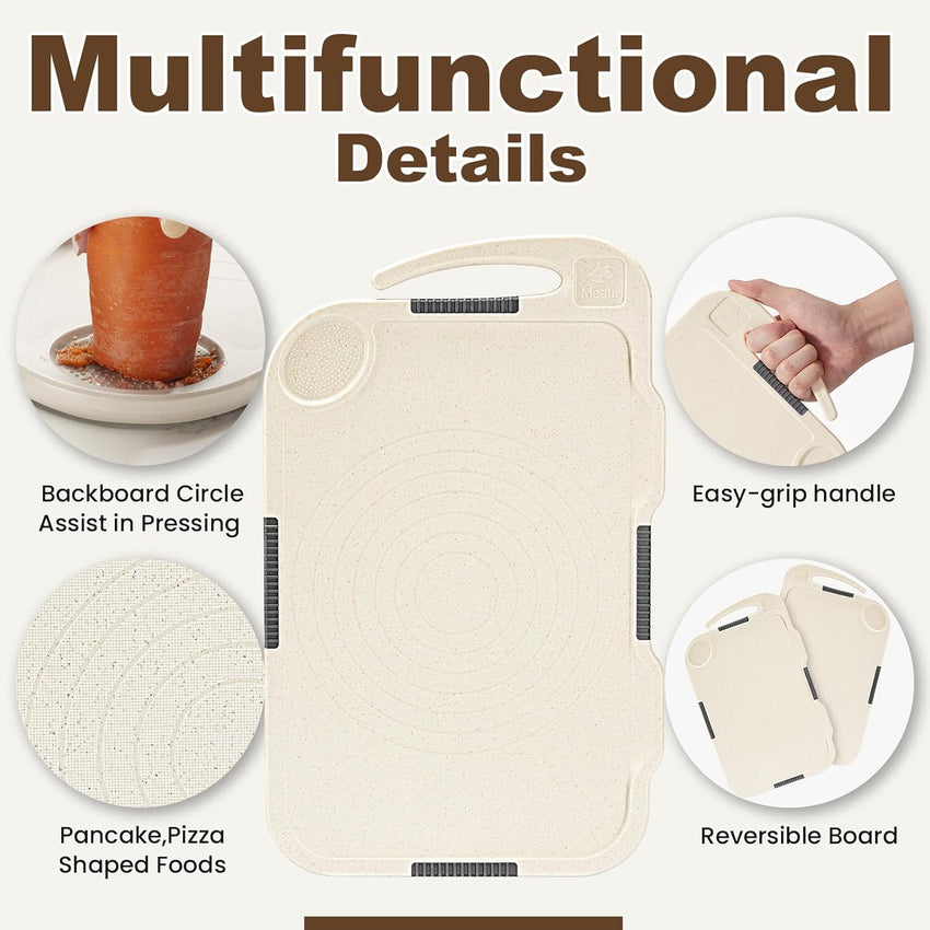Glotoch Cutting Boards for Kitchen Set of 4, Wheat Straw Chopping Board Dishwasher Safe, BPA Free, Non Slip, 16"X10" Colored Reversible Cutting Board with Stand, Food Icons, Grinder Plate - 7DAY'S