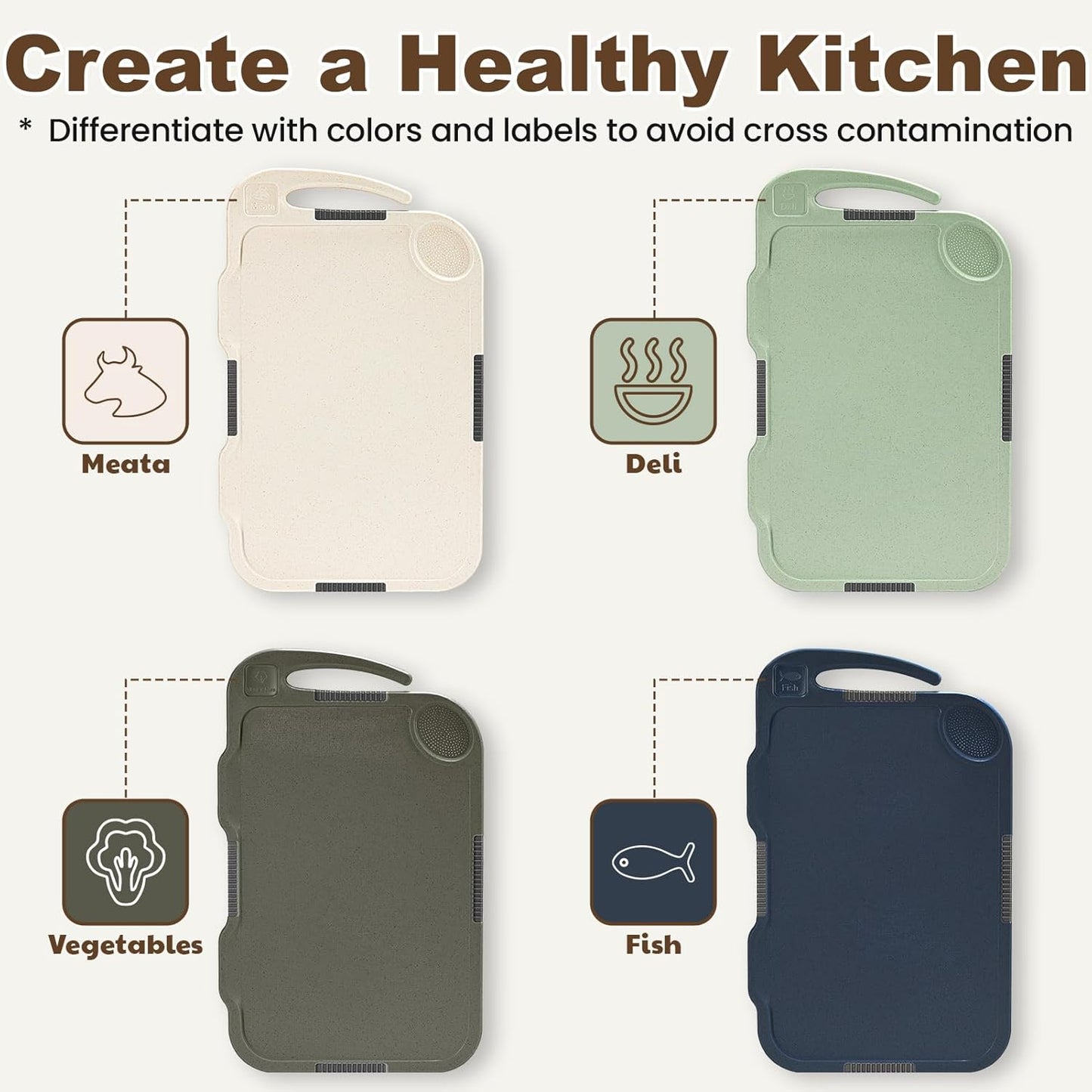 Glotoch Cutting Boards for Kitchen Set of 4, Wheat Straw Chopping Board Dishwasher Safe, BPA Free, Non Slip, 16"X10" Colored Reversible Cutting Board with Stand, Food Icons, Grinder Plate - 7DAY'S