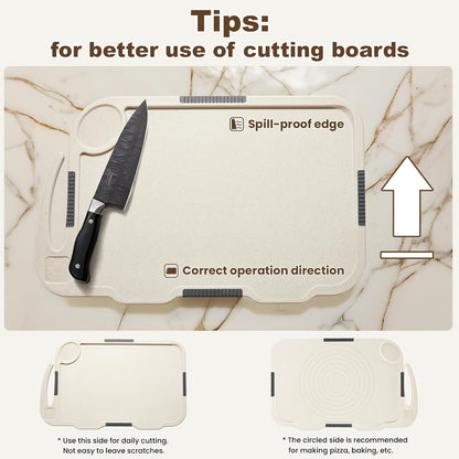 Glotoch Cutting Boards for Kitchen Set of 4, Wheat Straw Chopping Board Dishwasher Safe, BPA Free, Non Slip, 16"X10" Colored Reversible Cutting Board with Stand, Food Icons, Grinder Plate - 7DAY'S