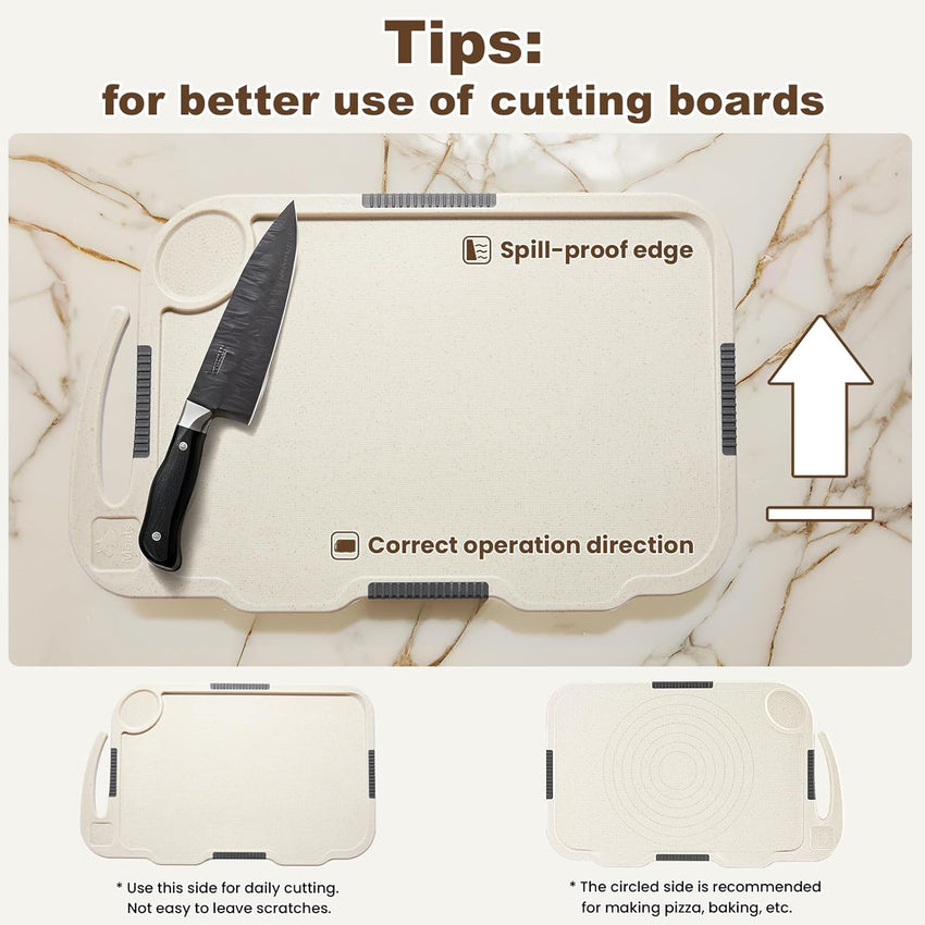 Glotoch Cutting Boards for Kitchen Set of 4, Wheat Straw Chopping Board Dishwasher Safe, BPA Free, Non Slip, 16"X10" Colored Reversible Cutting Board with Stand, Food Icons, Grinder Plate - 7DAY'S
