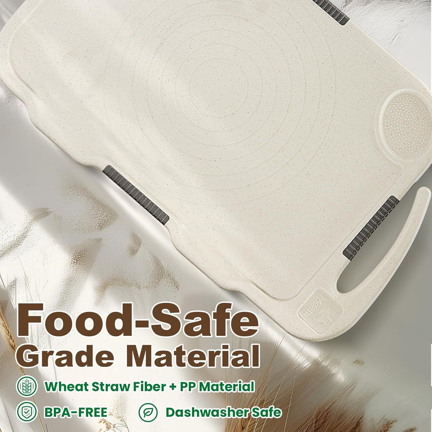 Glotoch Cutting Boards for Kitchen Set of 4, Wheat Straw Chopping Board Dishwasher Safe, BPA Free, Non Slip, 16"X10" Colored Reversible Cutting Board with Stand, Food Icons, Grinder Plate - 7DAY'S