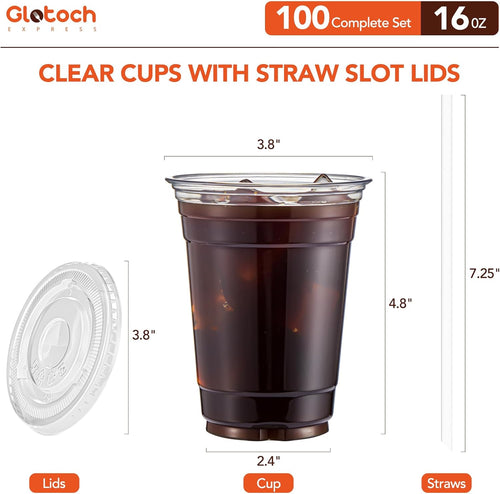 Glotoch Express 16oz 100 Sets Plastic Iced Coffee Cups with Lids and Straws & 500 pcs Individually Wrapped Clear Plastic Straws - 7DAY'S
