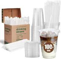 Glotoch Express 16oz 100 Sets Plastic Iced Coffee Cups with Lids and Straws & 500 pcs Individually Wrapped Clear Plastic Straws - 7DAY'S