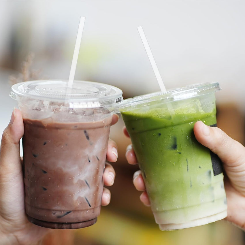 Glotoch Express 16oz 100 Sets Plastic Iced Coffee Cups with Lids and Straws & 500 pcs Individually Wrapped Clear Plastic Straws - 7DAY'S
