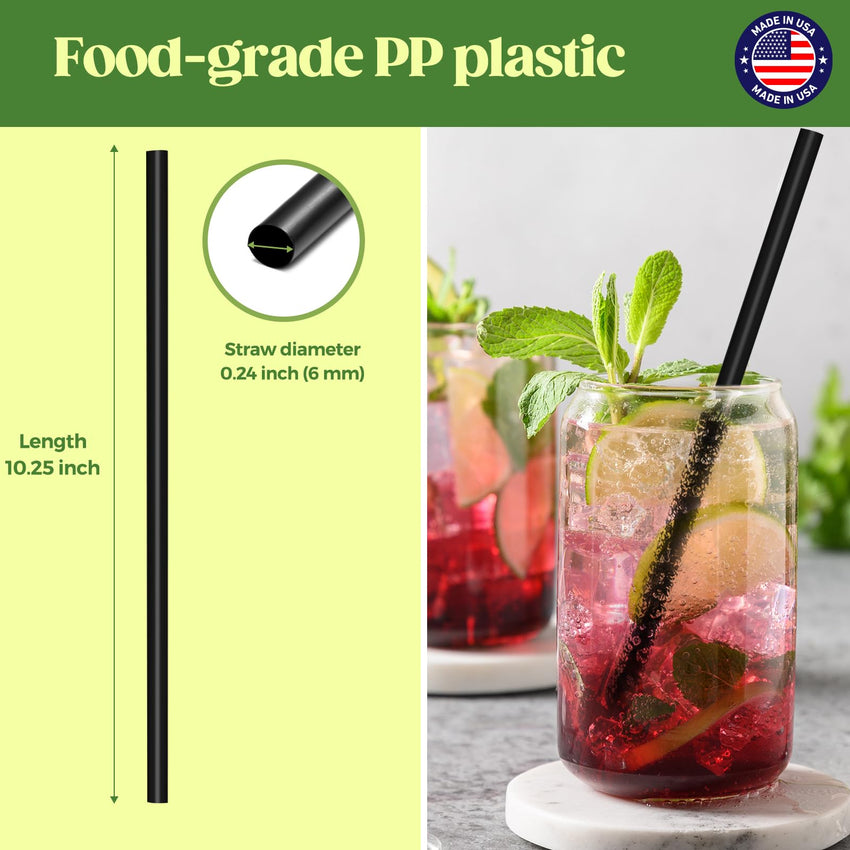 Glotoch Express 500 PCS Individually Wrapped Black Plastic Straws, 7.75'' Long, 0.24'' Diameter Disposable Drinking Straws for Every Occasion, Party, Made in USA - 7DAY'S