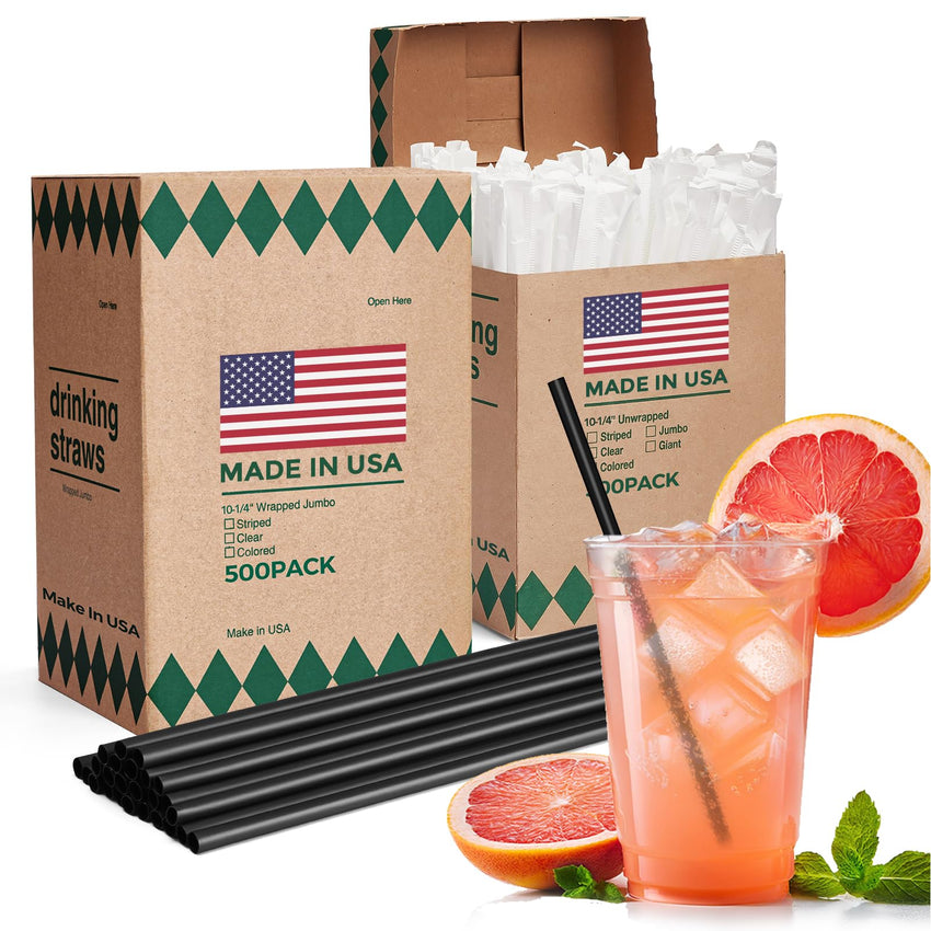 Glotoch Express 500 PCS Individually Wrapped Black Plastic Straws, 7.75'' Long, 0.24'' Diameter Disposable Drinking Straws for Every Occasion, Party, Made in USA - 7DAY'S