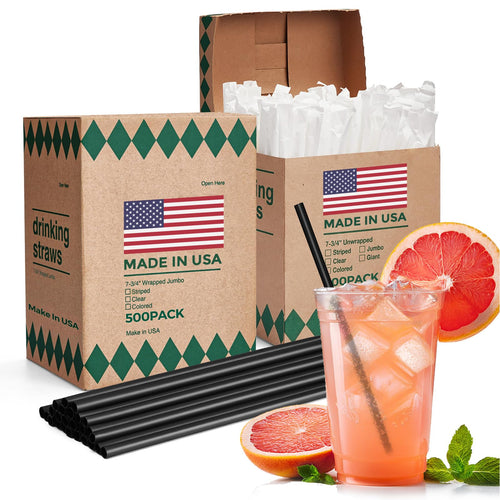 Glotoch Express 500 PCS Individually Wrapped Black Plastic Straws, 7.75'' Long, 0.24'' Diameter Disposable Drinking Straws for Every Occasion, Party, Made in USA - 7DAY'S