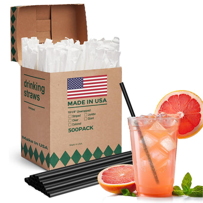 Glotoch Express 500 PCS Individually Wrapped Black Plastic Straws, 7.75'' Long, 0.24'' Diameter Disposable Drinking Straws for Every Occasion, Party, Made in USA - 7DAY'S
