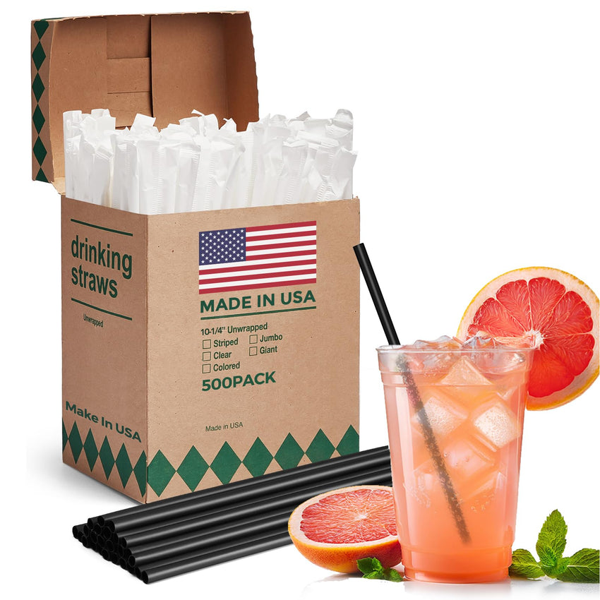 Glotoch Express 500 PCS Individually Wrapped Black Plastic Straws, 7.75'' Long, 0.24'' Diameter Disposable Drinking Straws for Every Occasion, Party, Made in USA - 7DAY'S