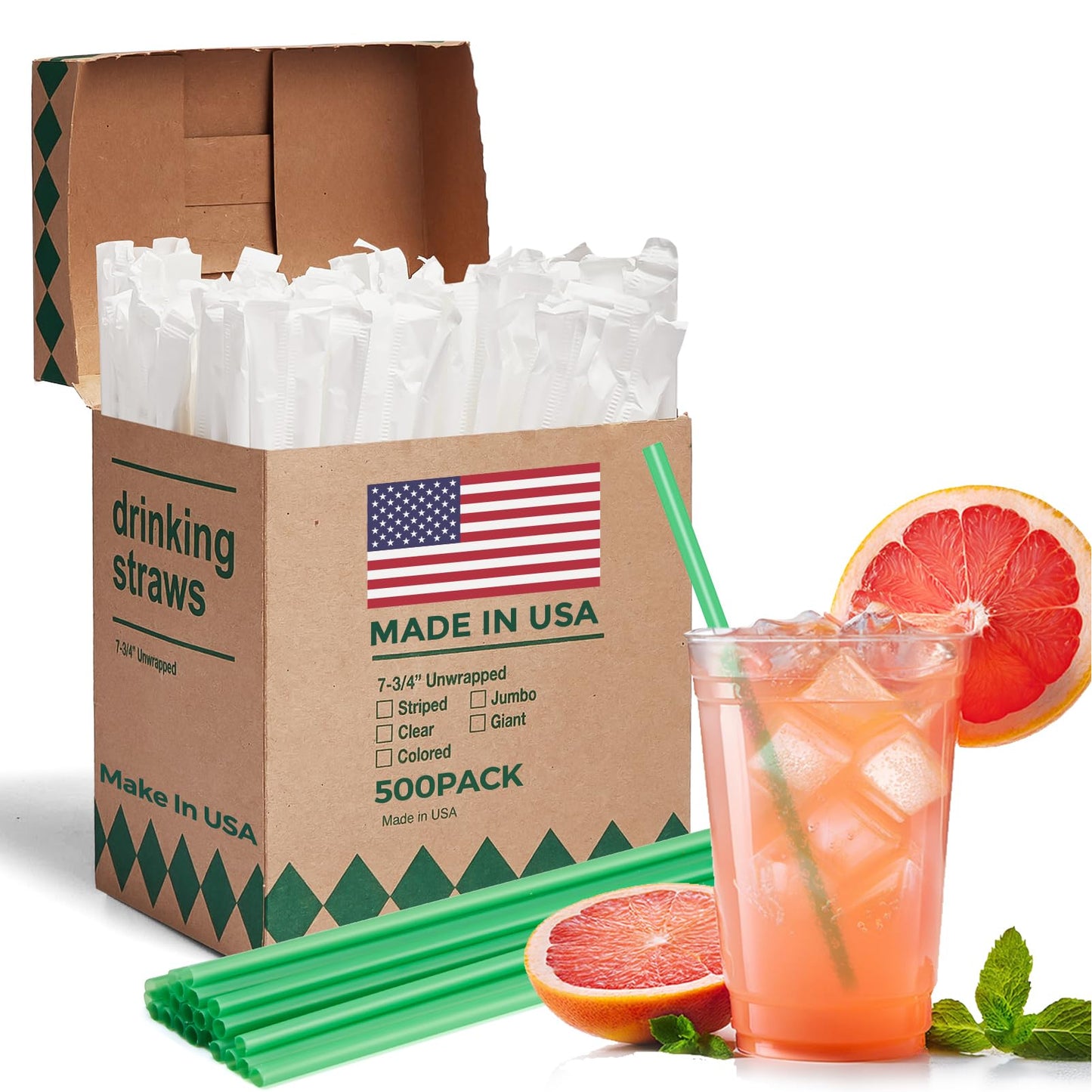 Glotoch Express 500 PCS Individually Wrapped Black Plastic Straws, 7.75'' Long, 0.24'' Diameter Disposable Drinking Straws for Every Occasion, Party, Made in USA - 7DAY'S
