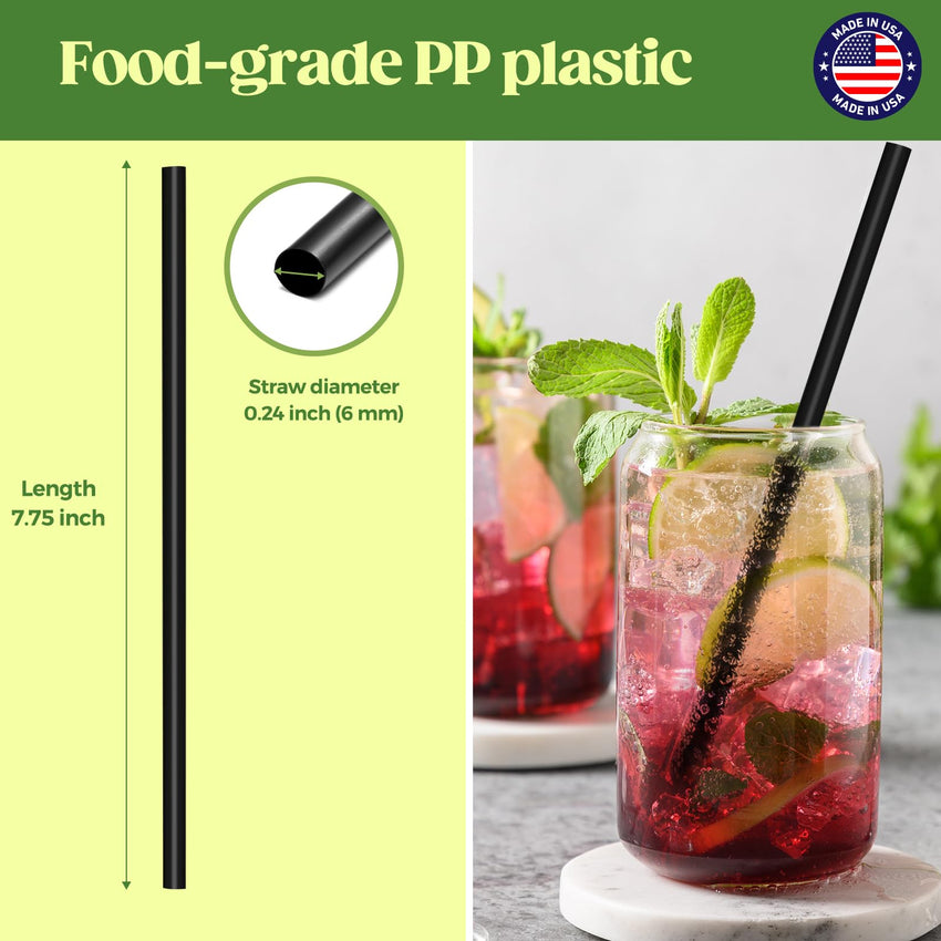 Glotoch Express 500 PCS Individually Wrapped Black Plastic Straws, 7.75'' Long, 0.24'' Diameter Disposable Drinking Straws for Every Occasion, Party, Made in USA - 7DAY'S