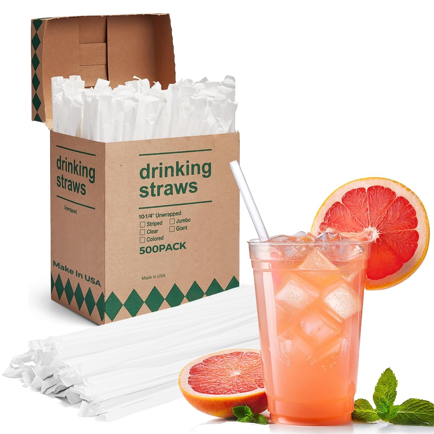 Glotoch Express 500PCS Individually Wrapped Clear Plastic Straws, 7.75'' Long, 0.24'' Diameter Disposable Drinking Straws for Every Occasion, Party, Made in USA - 7DAY'S