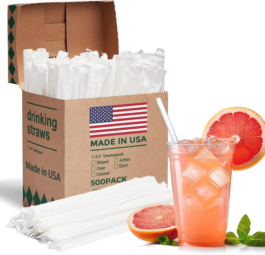 Glotoch Express 500PCS Individually Wrapped Clear Plastic Straws, 7.75'' Long, 0.24'' Diameter Disposable Drinking Straws for Every Occasion, Party, Made in USA - 7DAY'S