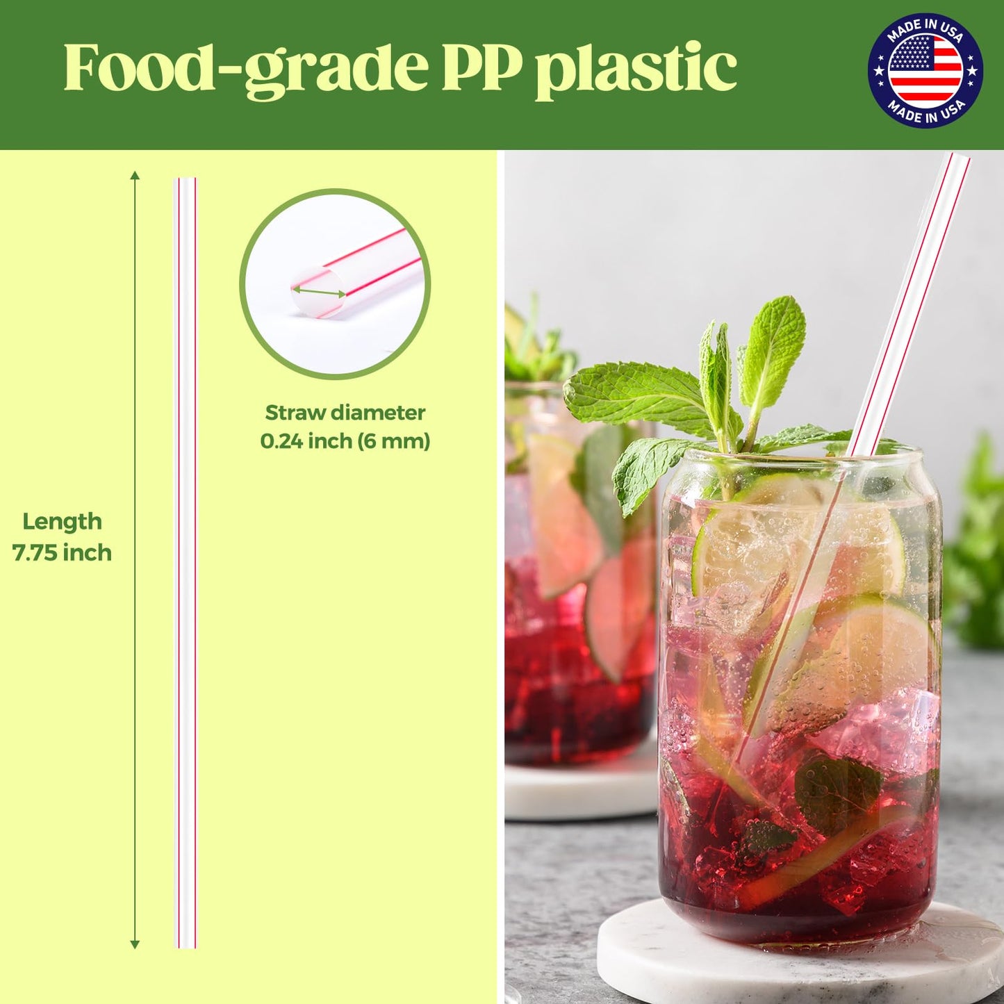 Glotoch Express 500PCS Individually Wrapped Clear Plastic Straws, 7.75'' Long, 0.24'' Diameter Disposable Drinking Straws for Every Occasion, Party, Made in USA - 7DAY'S