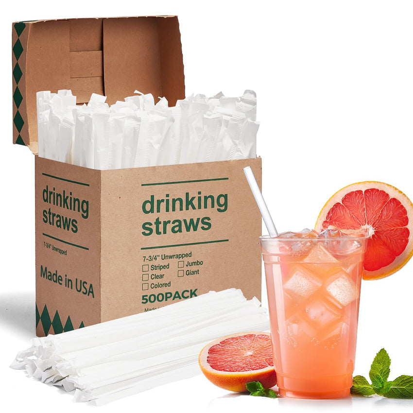 Glotoch Express 500PCS Individually Wrapped Clear Plastic Straws, 7.75'' Long, 0.24'' Diameter Disposable Drinking Straws for Every Occasion, Party, Made in USA - 7DAY'S