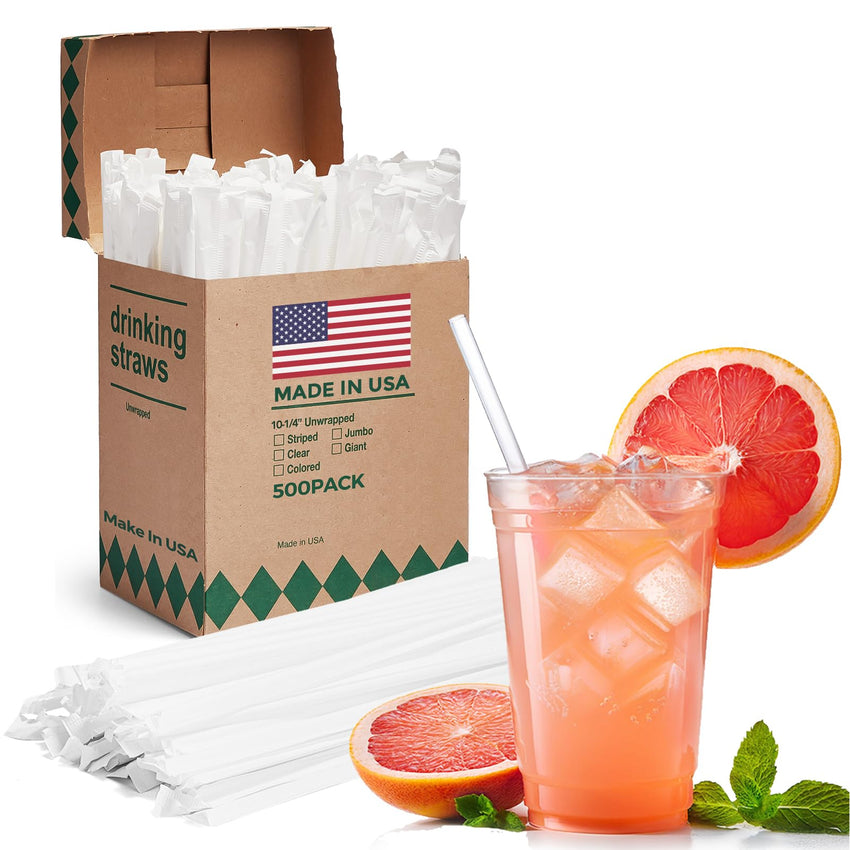Glotoch Express 500PCS Individually Wrapped Clear Plastic Straws, 7.75'' Long, 0.24'' Diameter Disposable Drinking Straws for Every Occasion, Party, Made in USA - 7DAY'S