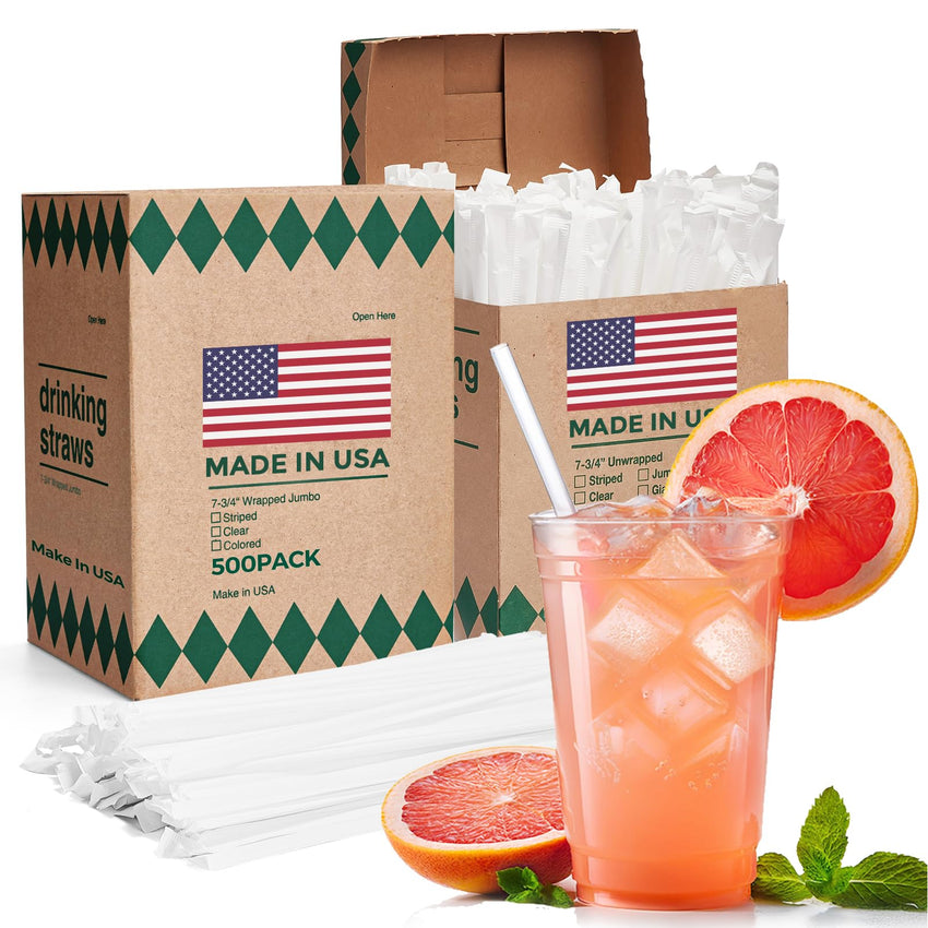 Glotoch Express 500PCS Individually Wrapped Clear Plastic Straws, 7.75'' Long, 0.24'' Diameter Disposable Drinking Straws for Every Occasion, Party, Made in USA - 7DAY'S