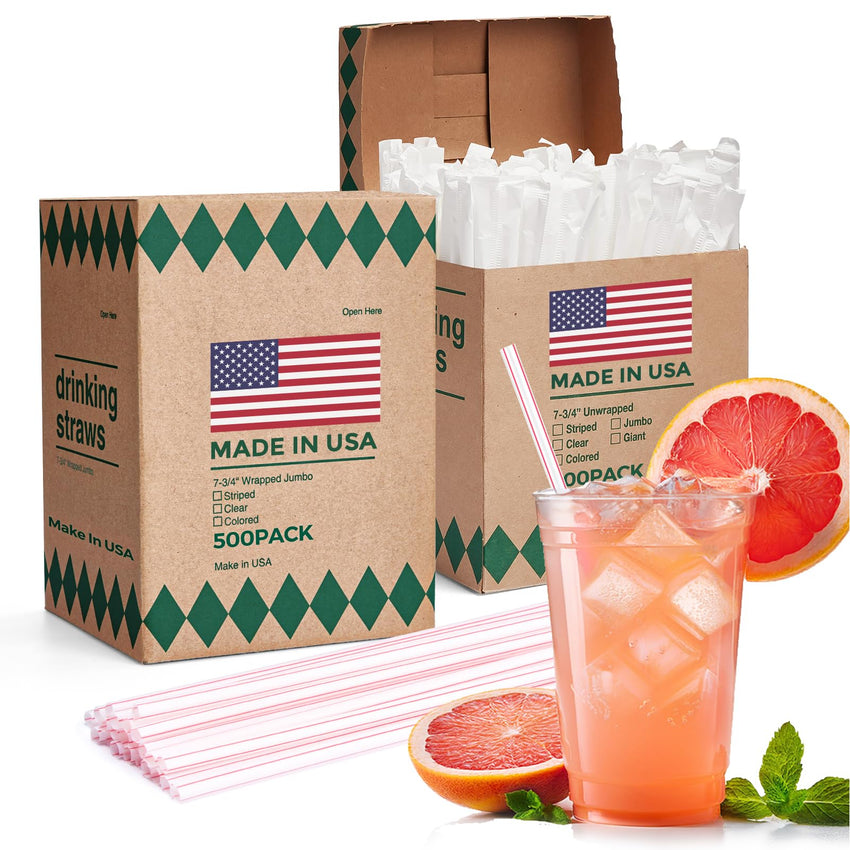 Glotoch Express 500PCS Individually Wrapped Clear Plastic Straws, 7.75'' Long, 0.24'' Diameter Disposable Drinking Straws for Every Occasion, Party, Made in USA - 7DAY'S