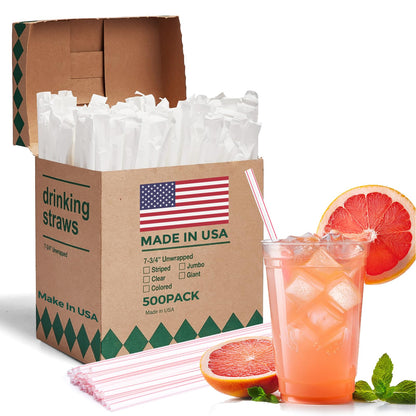 Glotoch Express 500PCS Individually Wrapped Clear Plastic Straws, 7.75'' Long, 0.24'' Diameter Disposable Drinking Straws for Every Occasion, Party, Made in USA - 7DAY'S