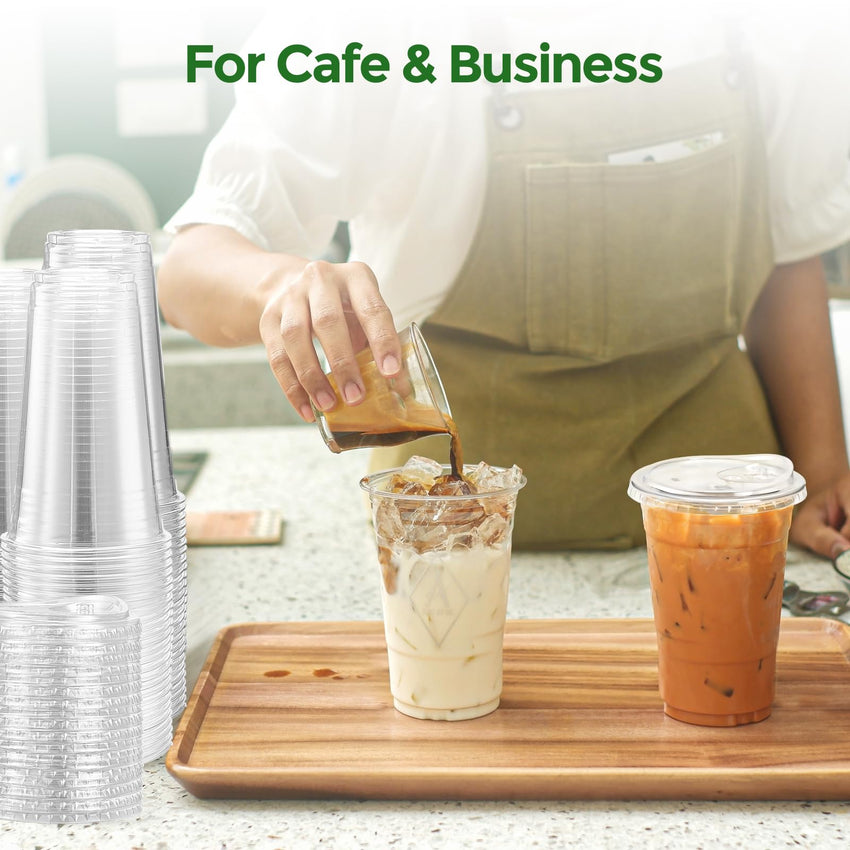 Glotoch Express Clear Plastic Cups with Lids, [100 Sets - 24oz] Disposable Crystal Iced Coffee Cups - Strawless Sip Lids - Sturdy To Go Cup for Smoothie, Cold Drinks, Juice - 7DAY'S