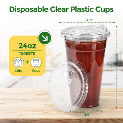 Glotoch Express Clear Plastic Cups with Lids, [100 Sets - 24oz] Disposable Crystal Iced Coffee Cups - Strawless Sip Lids - Sturdy To Go Cup for Smoothie, Cold Drinks, Juice - 7DAY'S