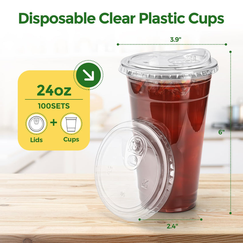 Glotoch Express Clear Plastic Cups with Lids, [100 Sets - 24oz] Disposable Crystal Iced Coffee Cups - Strawless Sip Lids - Sturdy To Go Cup for Smoothie, Cold Drinks, Juice - 7DAY'S