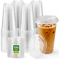 Glotoch Express Clear Plastic Cups with Lids, [100 Sets - 24oz] Disposable Crystal Iced Coffee Cups - Strawless Sip Lids - Sturdy To Go Cup for Smoothie, Cold Drinks, Juice - 7DAY'S